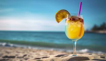 Cocktail Glas auf das sandig Strand in der Nähe von das Meer im Sommer- Zeit. generativ ai foto