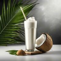 Kokosnuss Milch Shake Glas mit frisch geschnitten Kokosnuss. generativ ai foto