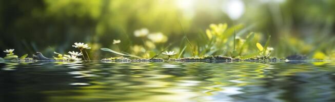 verschwommen Bild von natürlich Hintergrund von Wasser und Pflanzen. generativ ai foto