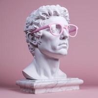 das Kopf von ein Weiß mythologisch Statue mit modisch Rosa Brille auf seine Augen, Rahmen im Profil. ai generativ foto