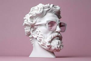 das Kopf von ein Weiß mythologisch Statue mit modisch Rosa Brille auf seine Augen, Rahmen im Profil. ai generativ foto