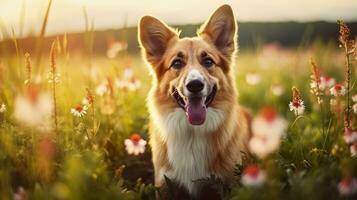 charmant Corgi Hund mit Blumen im das Frühling. generativ ai foto