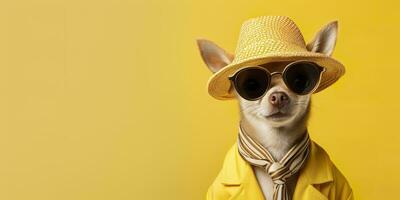 cool suchen Chihuahua Hund tragen funky Mode Kleid. Raum zum Text richtig Seite. generativ ai foto