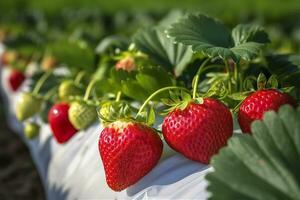 Busch von reif organisch Erdbeeren im das Garten. Beere Nahaufnahme. generativ ai foto