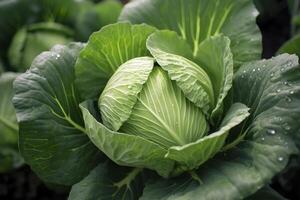 Kohl wachsend im ein städtisch Garten. Kohl Blätter und Kopf schließen hoch. generativ ai foto