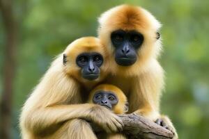 schließen Bild von frech Gibbon Affe Mutter mit ein Kind im das Wald. generativ ai foto