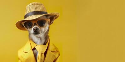 cool suchen Chihuahua Hund tragen funky Mode Kleid. Raum zum Text richtig Seite. generativ ai foto