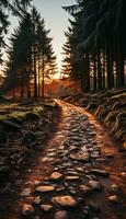 Sonnenaufgang Wald Landschaft mit Gras und Wolken ai generiert foto