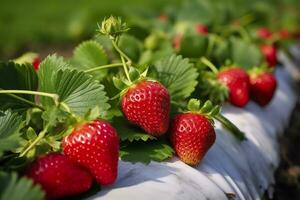 Busch von reif organisch Erdbeeren im das Garten. Beere Nahaufnahme. generativ ai foto