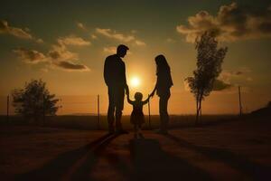 Schatten von glücklich Familie zusammen, Eltern mit ihr wenig Baby beim Sonnenuntergang. ein Silhouette von Liebe und Einheit. ai generativ foto