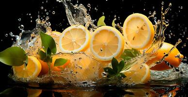 Spritzen von Zitrone Saft mit frisch Zitrone Obst isoliert auf schwarz Hintergrund - - ai generiert Bild foto