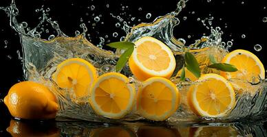 Spritzen von Zitrone Saft mit frisch Zitrone Obst isoliert auf schwarz Hintergrund - - ai generiert Bild foto