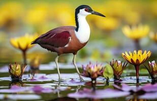 bunt afrikanisch Wader mit lange Zehen Nächster zu violett Wasser Lilie im Wasser. generativ ai foto