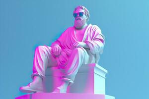 ein Weiß Statue von Plato im ein cool Pose, tragen Magenta und cyan 3d Gläser, bereit zu Party. ai generativ foto