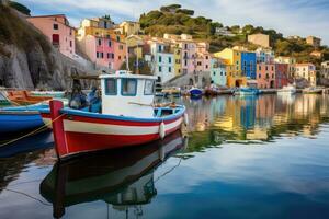 bunt Angeln Boote im Riomaggiore, cinque Erde, Italien, Mystiker Landschaft von das Hafen mit bunt Häuser und das Boote im porto venero, Italien, ai generiert foto