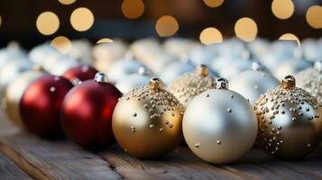 Weihnachten Bälle auf ein Tabelle dekoriert zum gefeiert Weihnachten oder Neu Jahr. ai generiert. foto