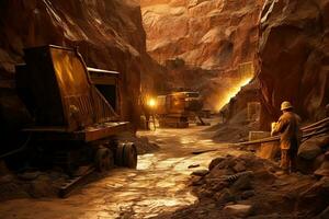 Innere von ein Kohle Bergwerk im das Wadi Rum Wüste, Jordanien, Bergbau Gold im Raum, ai generiert foto