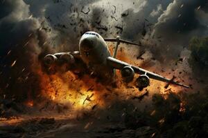 Flugzeug im das Feuer. 3d Illustration. Clip Art, Militär- Flugzeug stürzt ab im ein Sturm, ai generiert foto