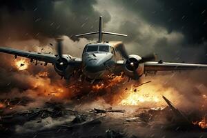 Flugzeug im ein stürmisch Himmel. 3d machen Illustration, Militär- Flugzeug stürzt ab im ein Sturm, ai generiert foto