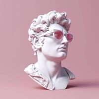 das Kopf von ein Weiß mythologisch Statue mit modisch Rosa Brille auf seine Augen, Rahmen im Profil. ai generativ foto