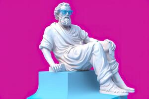 ein Weiß Statue von Plato im ein cool Pose, tragen Magenta und cyan 3d Gläser, bereit zu Party. ai generativ foto