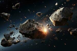 3d Rendern von ein Asteroid im Raum mit Sterne und Nebel, Meteorit Explosionen, Fragmente und Stücke von Steine, ai generiert foto