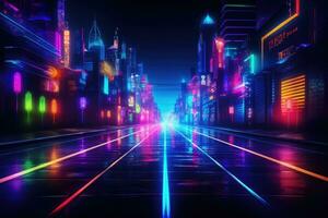 futuristisch Nacht Stadt mit Neon- Beleuchtung, 3d Rendern Digital Illustration, Neon- Farbe Fahrplan, Straße, dunkel Hintergrund mit Ziele, ai generiert foto