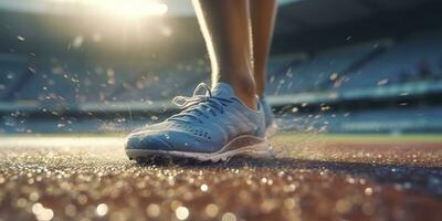 Läufer Füße Laufen auf ein Stadion, Nahansicht auf Füße, Sport Hintergrund, Raum zum Kopieren, ai generativ foto