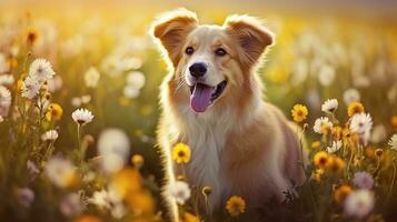 charmant Corgi Hund mit Blumen im das Frühling. generativ ai foto