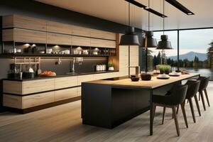 modern Küche dekoriert Holz und schwarz Thema ai generiert foto