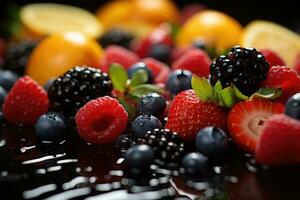 mischen Obst bereit zu Dienen im das Küche Tabelle ai generiert foto