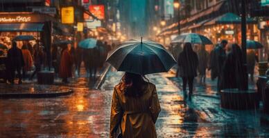 Mädchen im das Regen mit ein Regenschirm, verschwommen Hintergrund - - ai generiert Bild foto