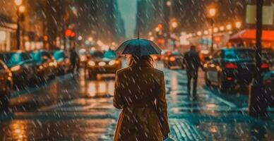 Mädchen im das Regen mit ein Regenschirm, verschwommen Hintergrund - - ai generiert Bild foto