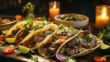 hausgemacht Taco mit gegrillt Steak frisch Gemüse und würzig ai generativ foto