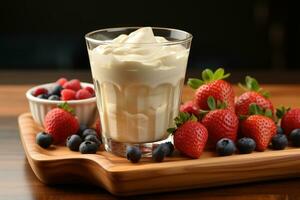 Foto von Tasse von Joghurt im Innen- Foto Studio ai generiert