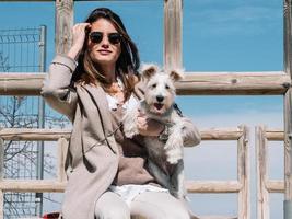 junge Frau sitzt mit ihrem Schauzerhund auf einem Steinzaun und posiert foto