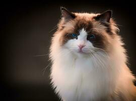 schön jung gesund Ragdoll Katze auf ein schwarz Hintergrund. foto