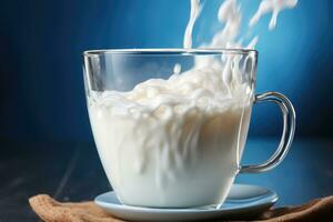 Fotos von Gießen Milch in das Kaffee Tasse im Innen- Foto Studio ai generiert