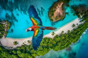 Papagei Ara fliegt Über ein tropisch Insel. neural Netzwerk ai generiert foto