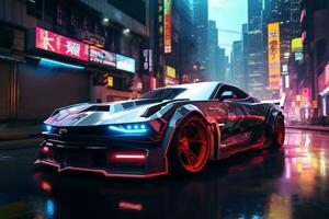 Zukunft Autos im ein Cyberpunk Stadt mit funkelnd Neon- Beleuchtung ai generativ foto