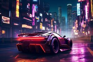 Zukunft Autos im ein Cyberpunk Stadt mit funkelnd Neon- Beleuchtung ai generativ foto