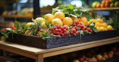 ein Korb von frisch Früchte inmitten Supermarkt Grün. generativ ai foto