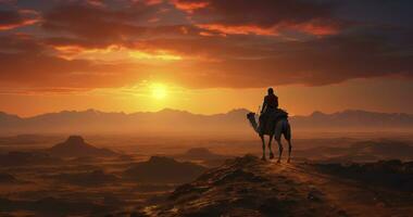 einer Reisende Kamel Reiten durch das riesig Wüste Dämmerung. generativ ai foto