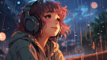 Karikatur lofi jung Manga Stil Mädchen während Hören zu Musik- im das Regen ai generativ foto