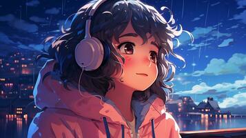 Karikatur lofi jung Manga Stil Mädchen während Hören zu Musik- im das Regen ai generativ foto
