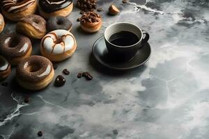 immer noch Leben mit Kaffee und Donuts. neural Netzwerk ai generiert foto