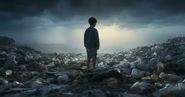 ein Kinder Blick. konfrontieren das Wirklichkeit von Plastik Abfall. generativ ai foto