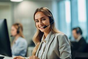 Porträt von ein Frau Arbeiten im Kunde Bedienung beim ein Anruf Center. generativ ai. foto