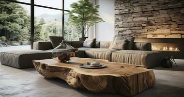 geräumig Leben Zimmer mit ein einzigartig Baum Stumpf Tisch. minimalistisch Zuhause Innere Design von modern Leben Zimmer im Haus. generativ ai foto