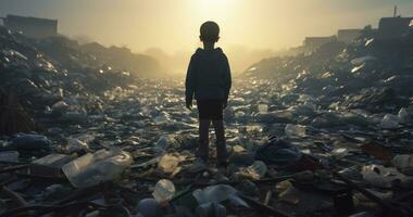 ein Kinder traurig Betrachtung von Plastik Verschmutzung. generativ ai foto
